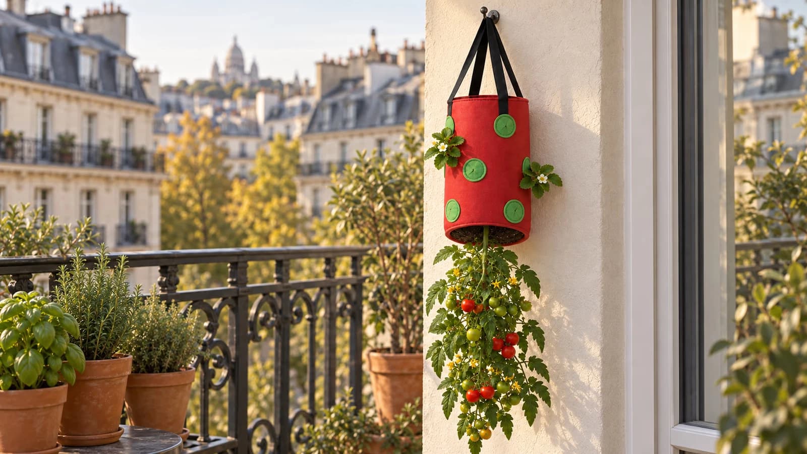 Sac de culture suspendu rouge à treize poches accroché à une poutre de balcon, tomate cerise descendue sous le fond ouvert, lumière de fin septembre