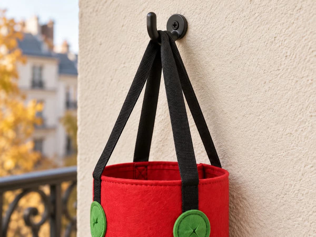 Gros plan sur le point de suspension unique d'un sac de culture en feutre rouge, quatre sangles plates réunies sur un crochet à visser dans un mur de balcon