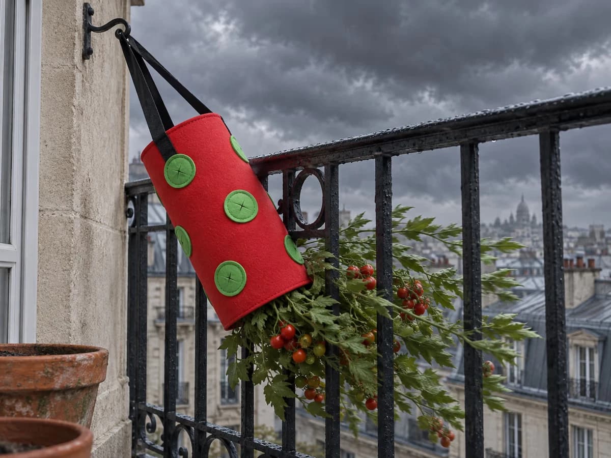 Sac de culture suspendu rouge penché par le vent contre un garde-corps de balcon, feuillage de tomate couché et ciel gris de tempête