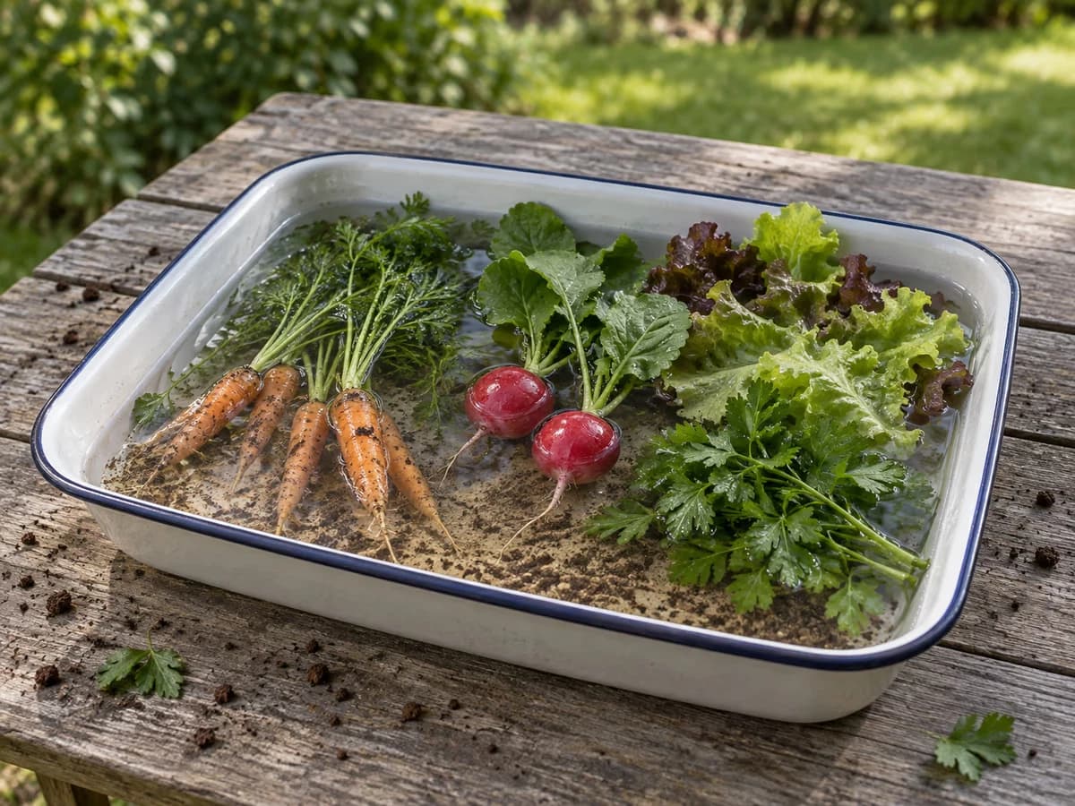 Légumes du potager fraîchement lavés dans un bac d'eau claire posé sur une table de jardin, terre fine encore au fond du bac