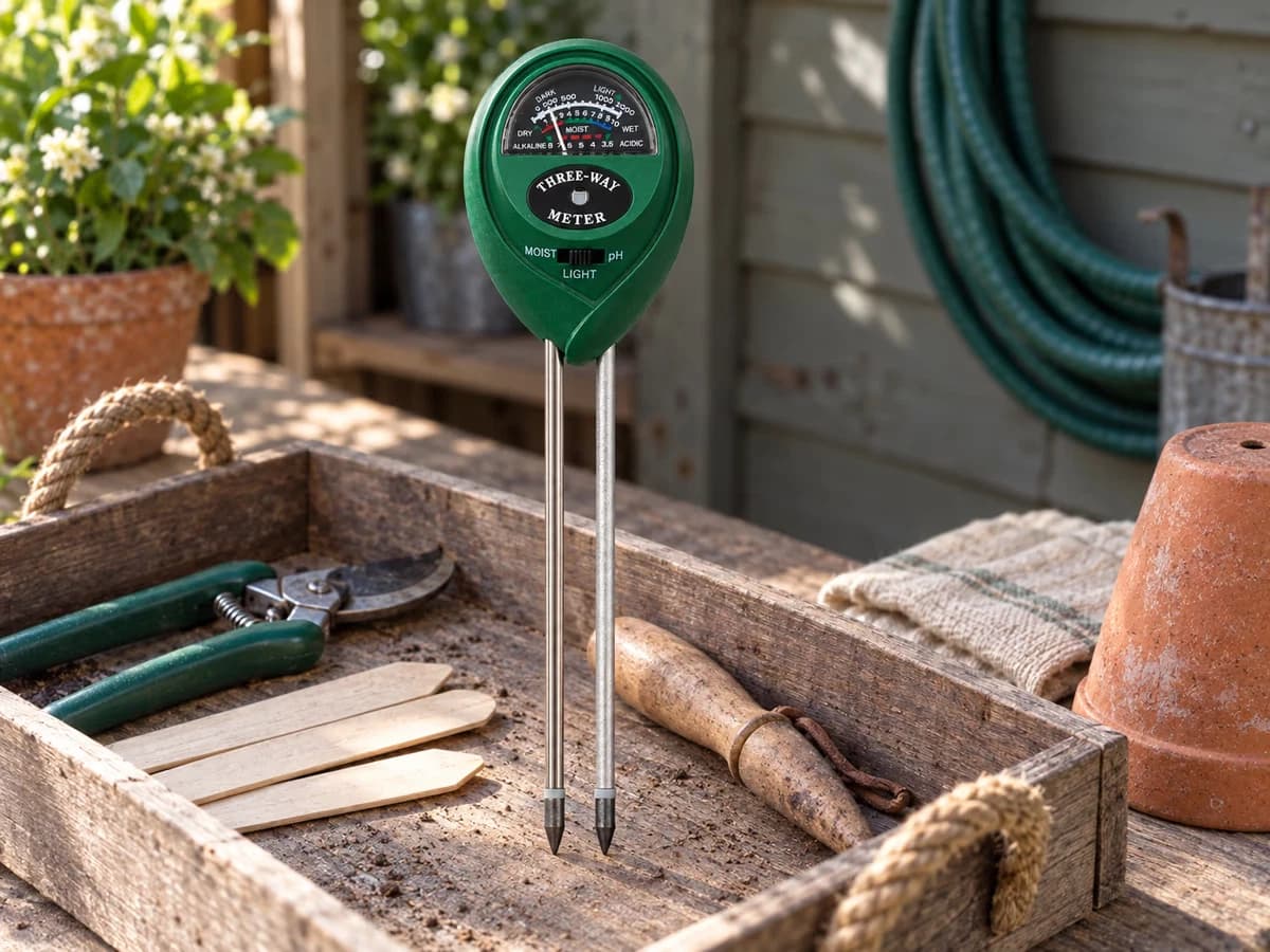 Testeur de sol à cadran rangé debout dans un bac d'outils de jardin, pointes vers le bas, chiffon sec plié à côté