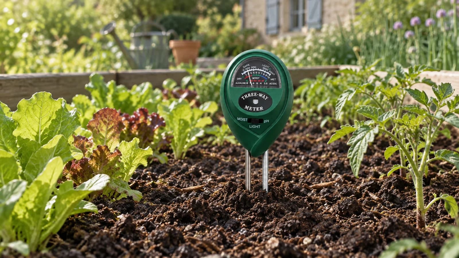 Testeur de sol à cadran posé sur une planche de potager au printemps, deux pointes métalliques enfoncées dans la terre meuble entre deux rangées