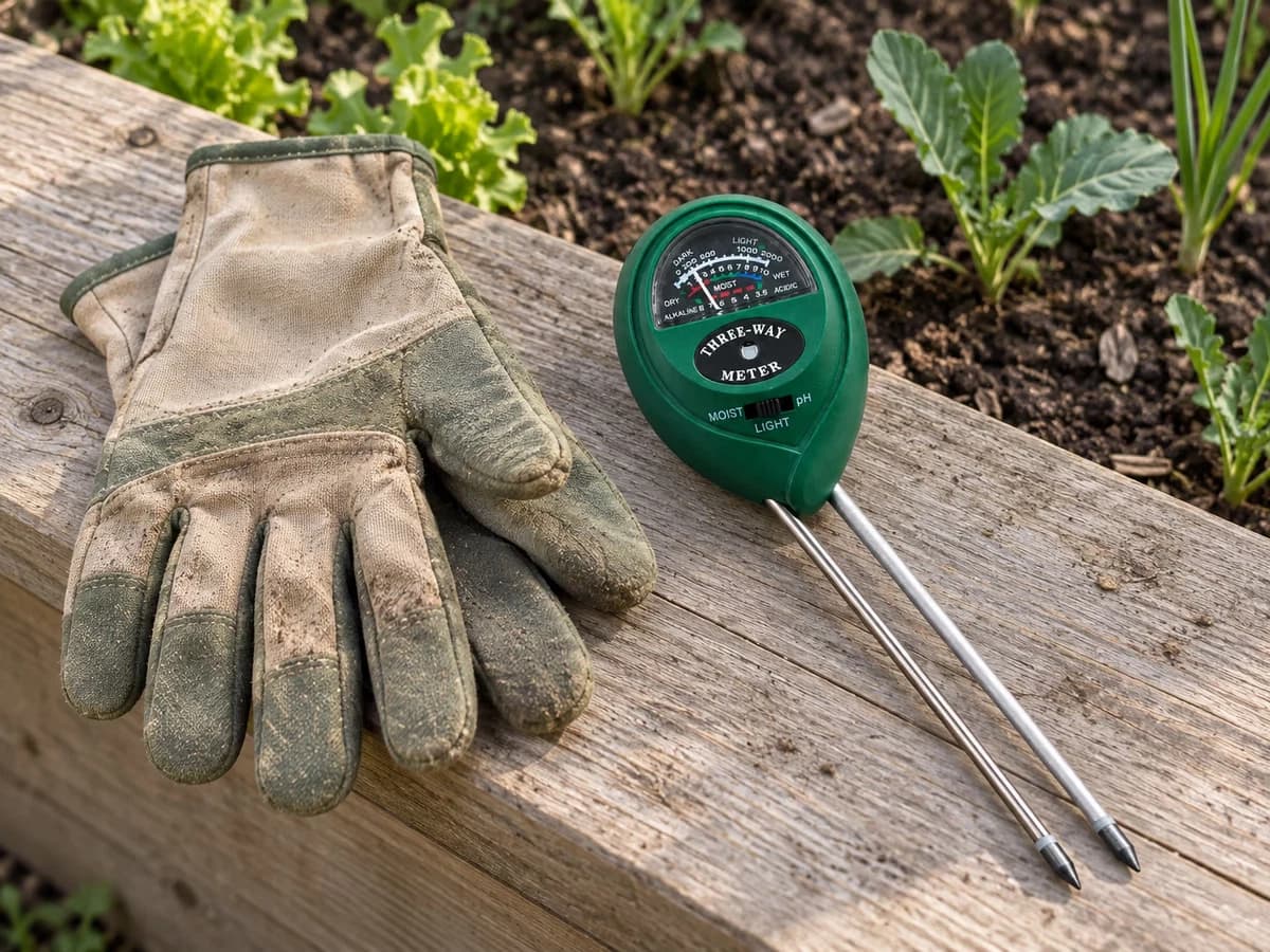 Paire de gants de jardin en toile posée à côté d'un testeur de sol à cadran sur le rebord d'un carré potager, pointes métalliques visibles