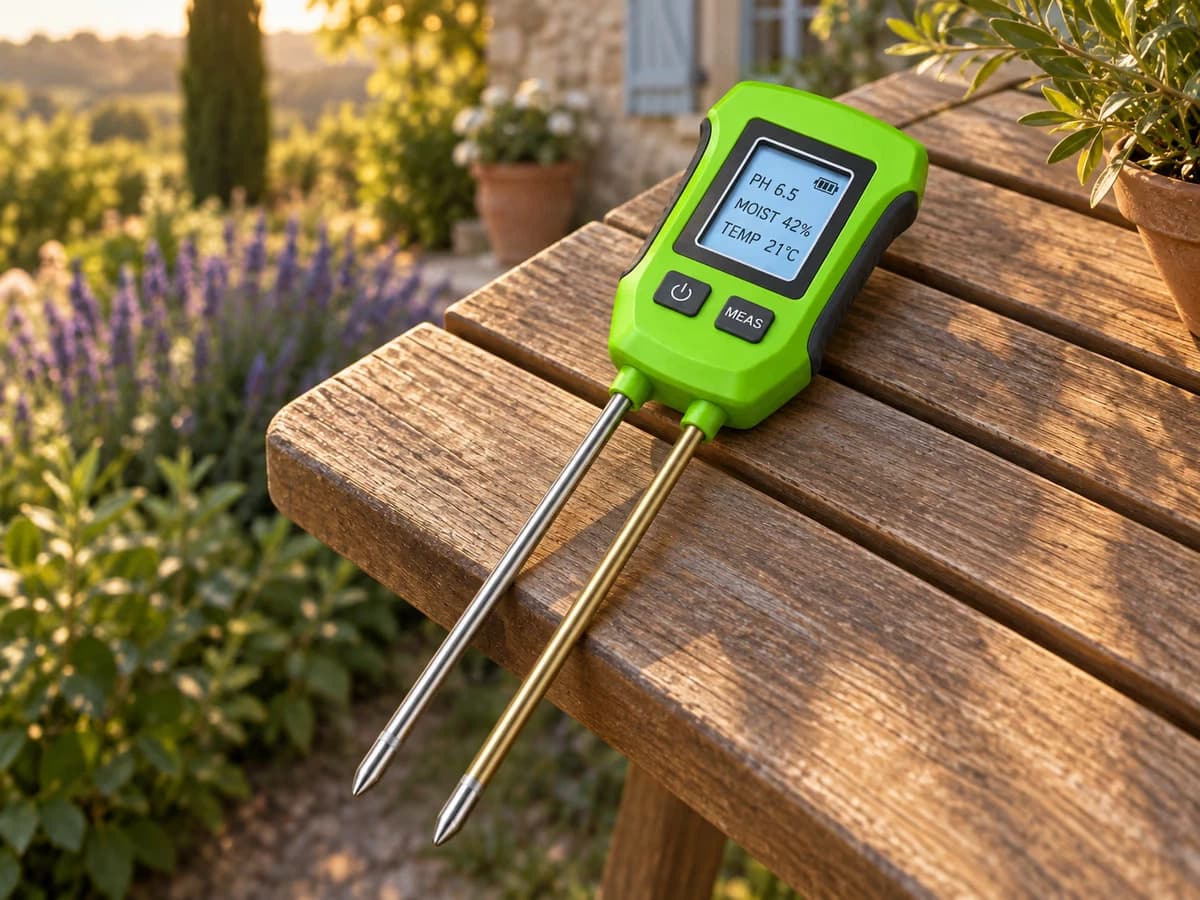 Écran LCD rétroéclairé d'un testeur de sol numérique affichant trois lignes de valeurs, posé sur une table de jardin en fin de journée