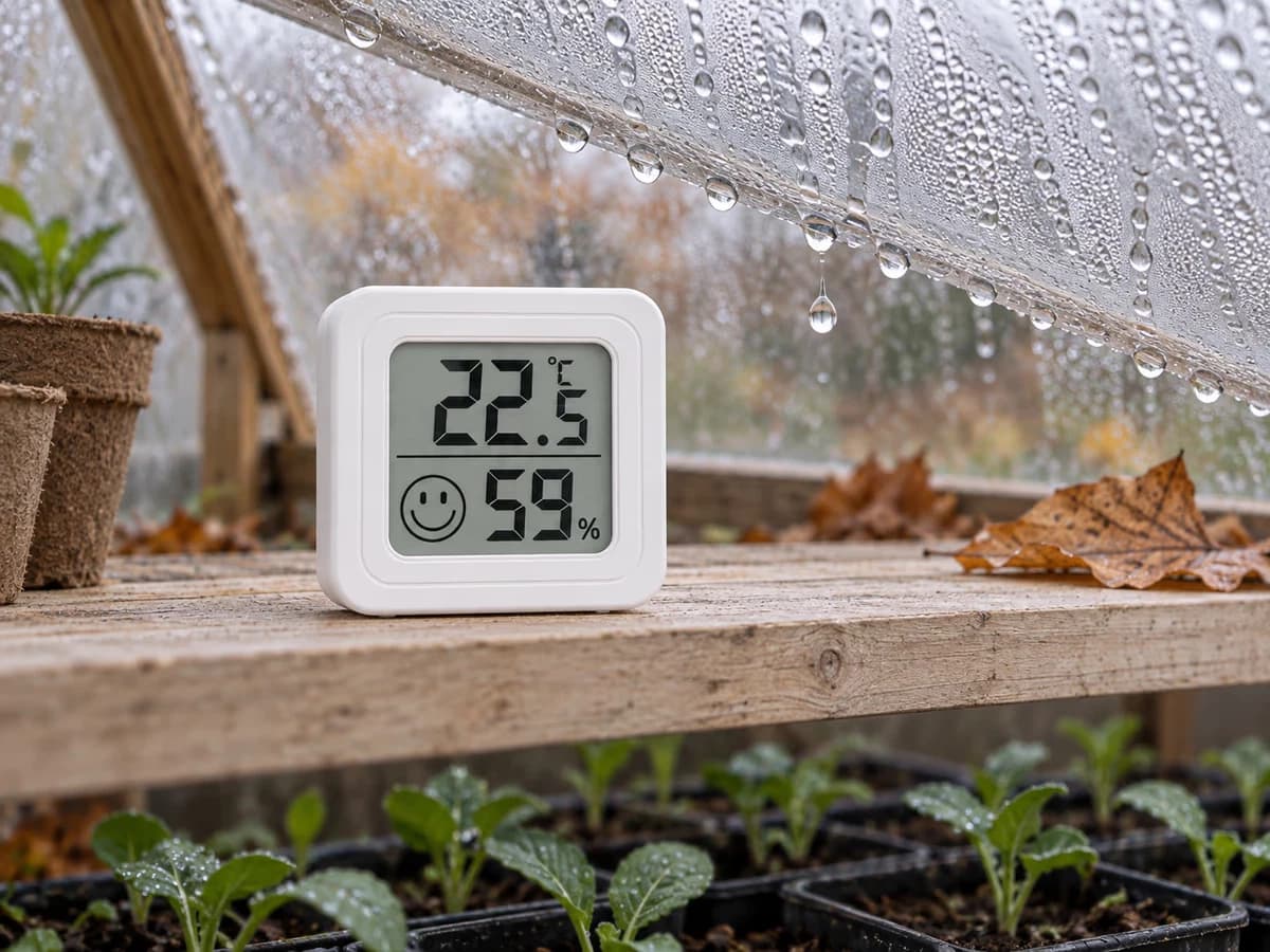 Gouttes de condensation sur la paroi d'un châssis au-dessus d'un petit boîtier blanc posé sur une planche, godets de semis en dessous