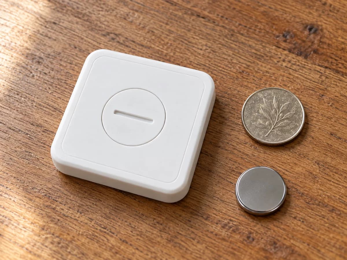 Dos d'un petit boîtier blanc ouvert sur une table sèche, trappe ronde de pile, pièce de monnaie posée à côté et pile bouton de rechange