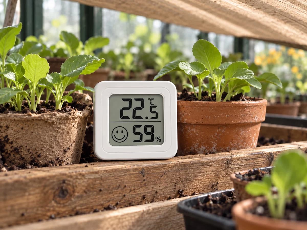 Petit boîtier blanc posé sur le rebord d'un plateau de semis, à hauteur des jeunes pousses, dans une serre ombrée par une planche