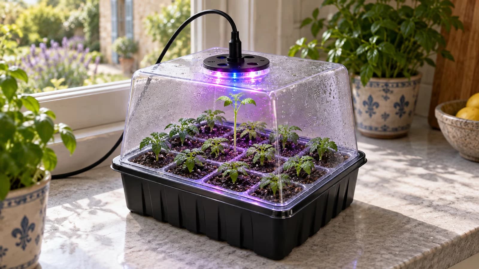 Jeunes plants de tomate dans une mini serre noire à dôme transparent, une tige plus longue que les autres s'élève vers la lampe circulaire
