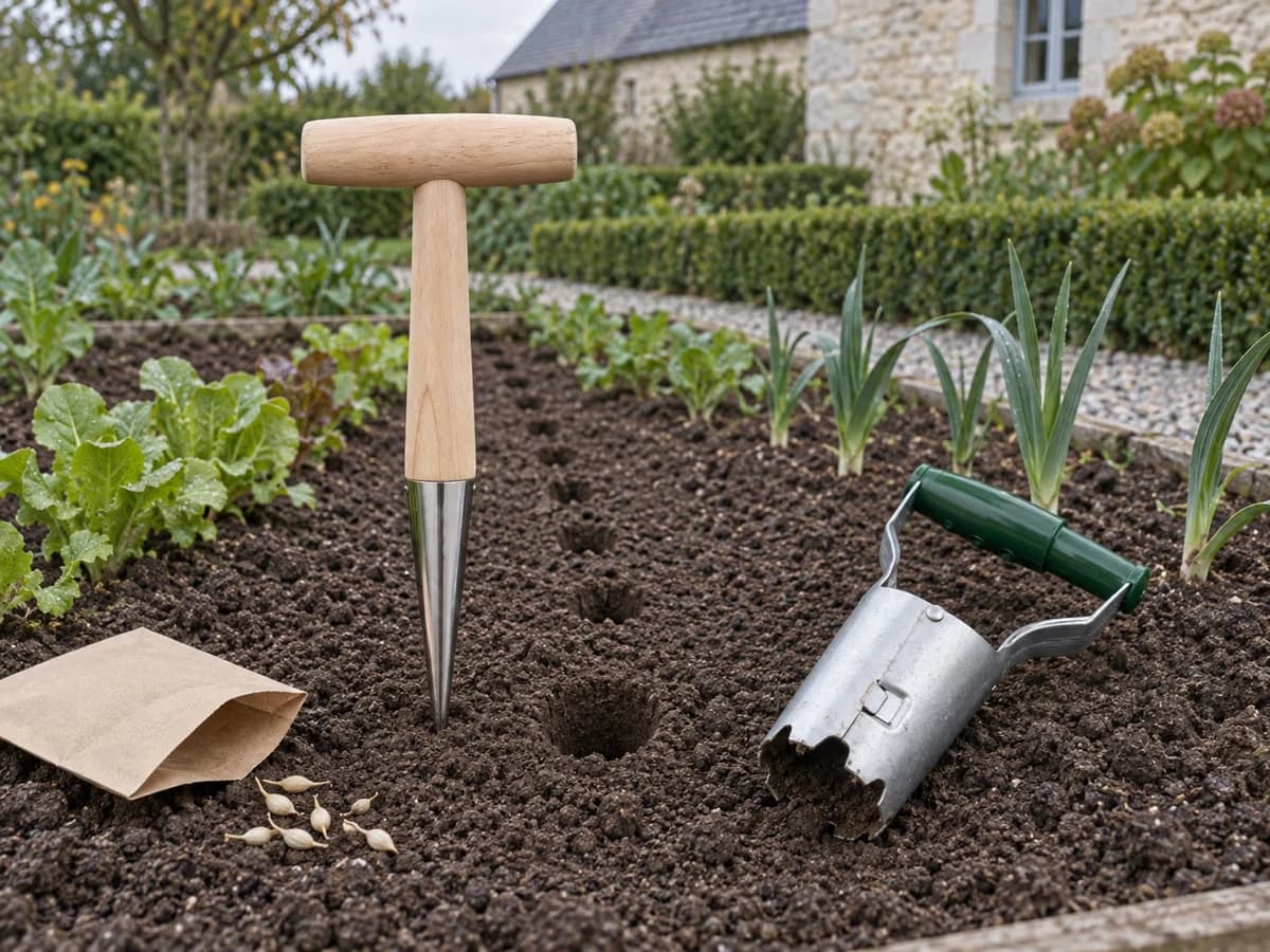 Plantoir à manche en bois planté dans une planche fraîchement travaillée, transplantoir inox couché à côté et semences d'oignon sur un sachet de papier ouvert
