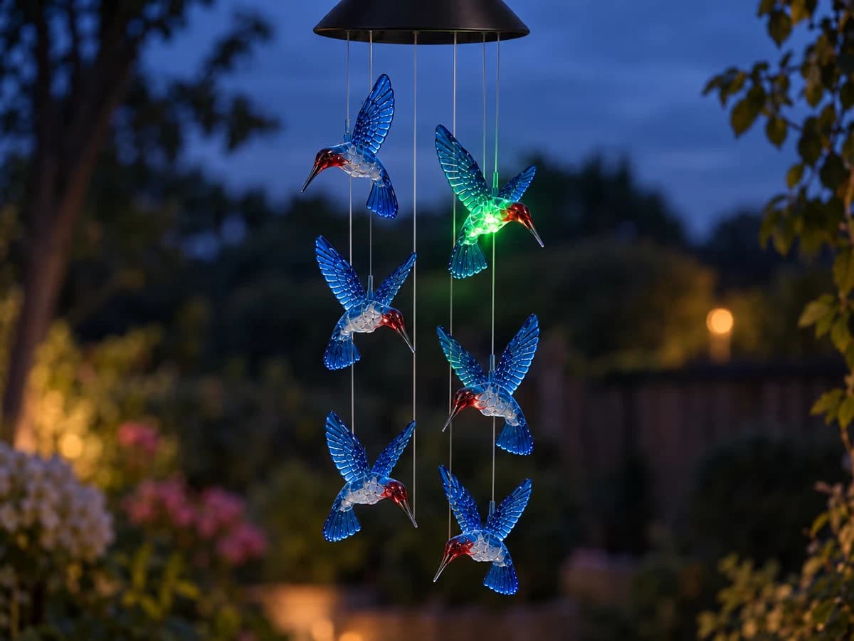 Six colibris translucides bleus suspendus à leurs fils sous un chapeau noir, l'un d'eux éclairé en vert à la tombée du jour