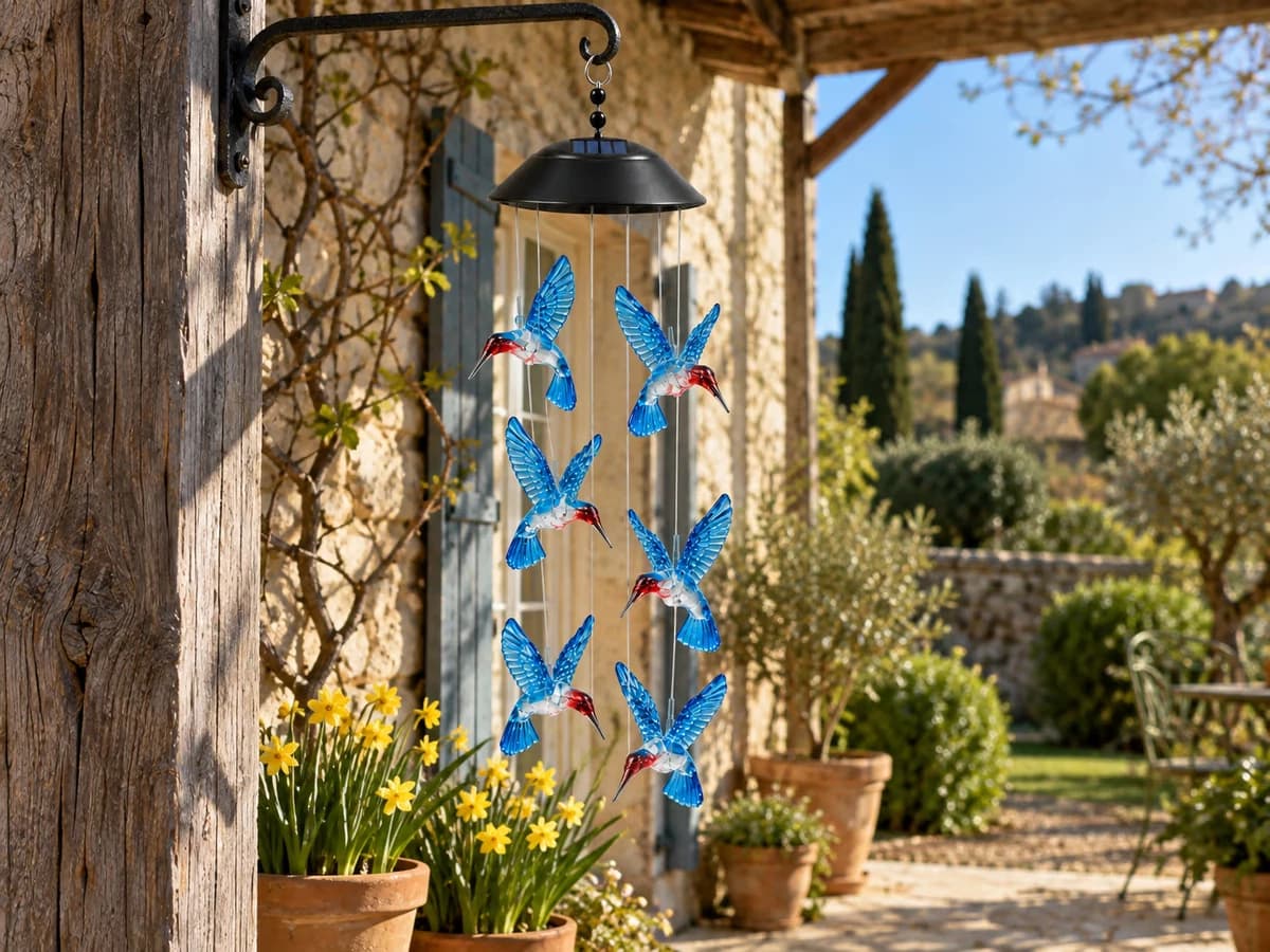 Carillon solaire à colibris pendu au crochet d'un porche en bois, pots de jonquilles au premier plan, soleil bas de printemps