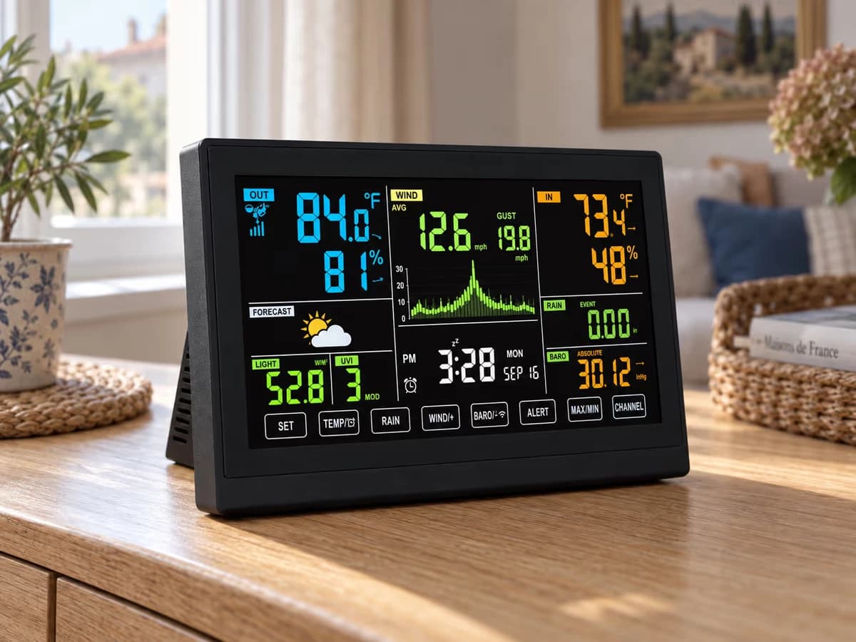 Console de station météo posée sur un meuble, écran couleur affichant une courbe de vitesse du vent et la rafale de la journée