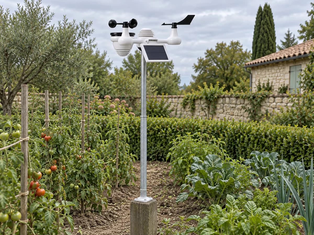 Mât métallique en tronçons dressé entre les rangs d'un potager, capteur météo à coupelles fixé en tête