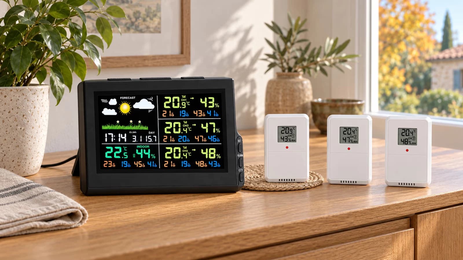 Console d'intérieur à écran couleur posée sur un meuble bas, trois sondes réparties dans trois pièces au matin