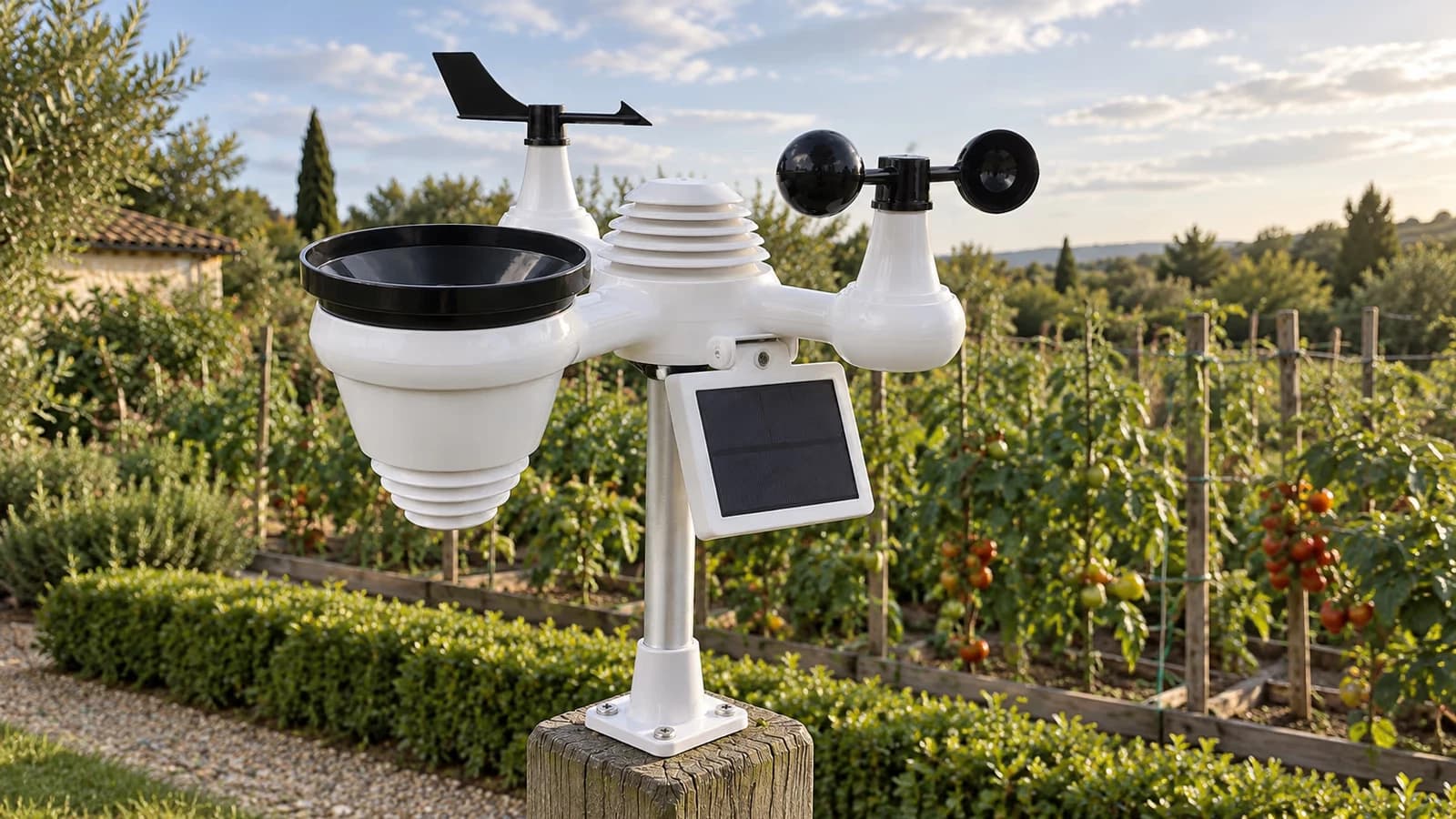 Capteur météo à coupelles et girouette en tête de mât, au-dessus des rangs d'un potager, ciel de fin d'été