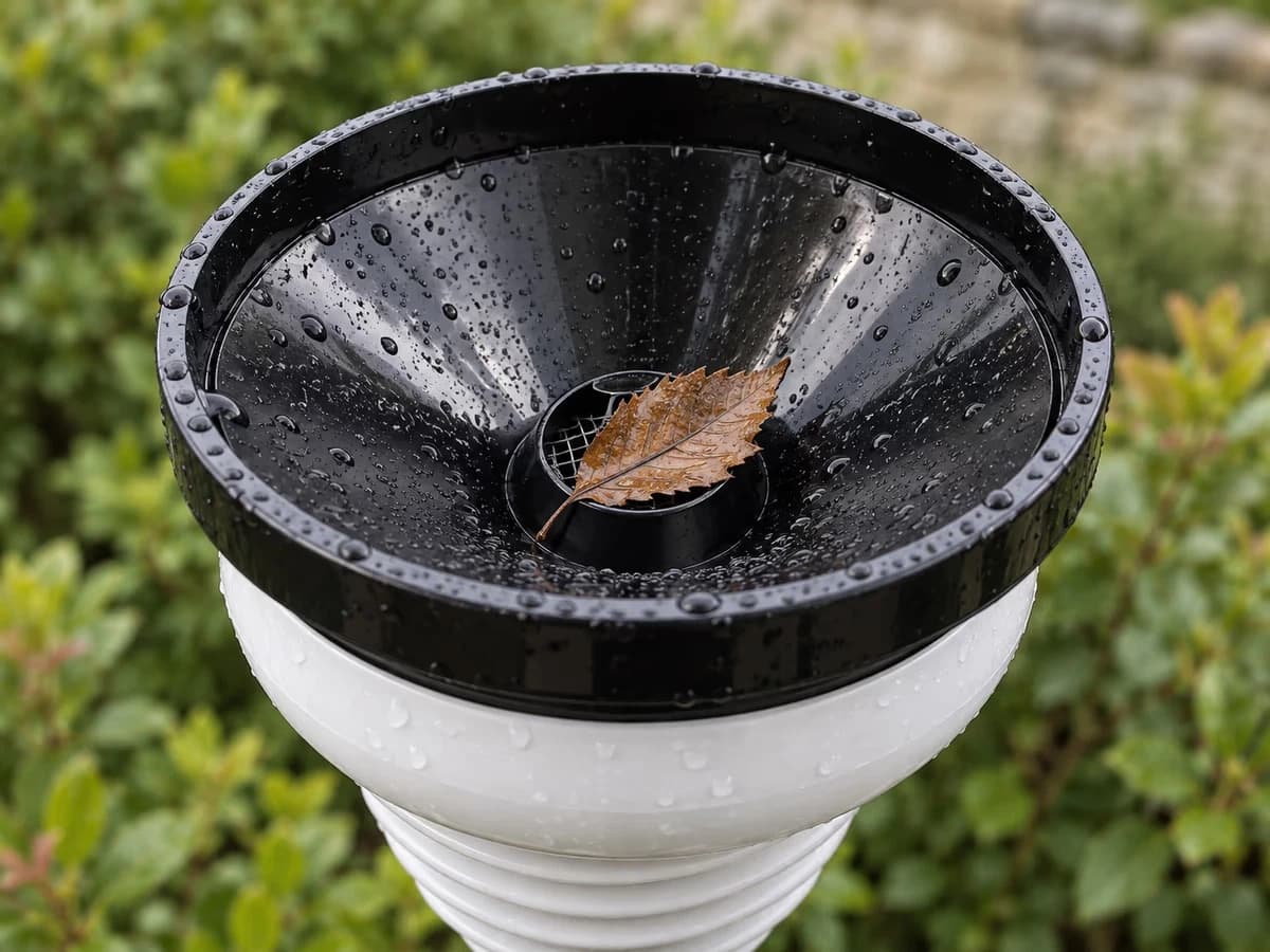 Entonnoir de pluviomètre de jardin vu de près après une averse, gouttes d'eau sur la grille et feuille morte posée dessus