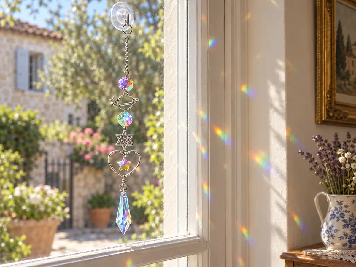 Une ventouse transparente fixée sur la vitre d'une fenêtre avec un attrape-soleil