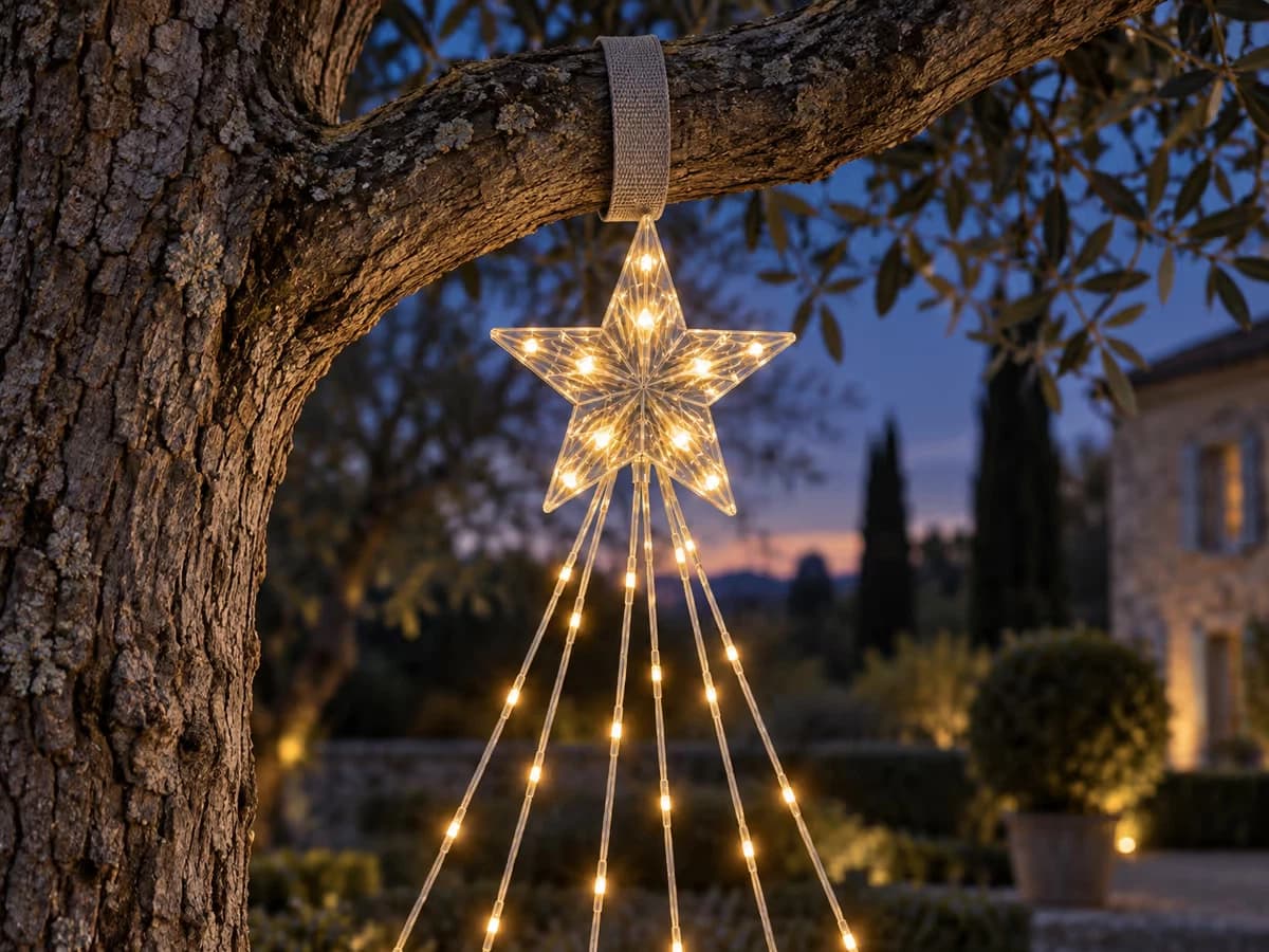 Sangle souple passée par-dessus une branche charpentière à une main du tronc, étoile lumineuse suspendue en dessous au crépuscule