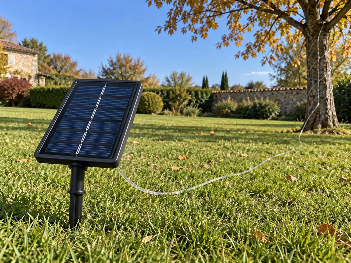 Panneau solaire noir sur son piquet planté dans une pelouse dégagée, à l'écart d'un arbre, câble courant vers le pied d'une branche