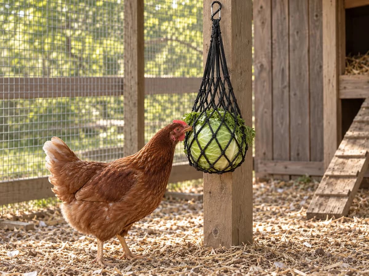 Poule rousse le cou tendu qui picore un chou suspendu dans un filet noir, la poche pendant juste au-dessus de son dos dans un poulailler aux copeaux secs