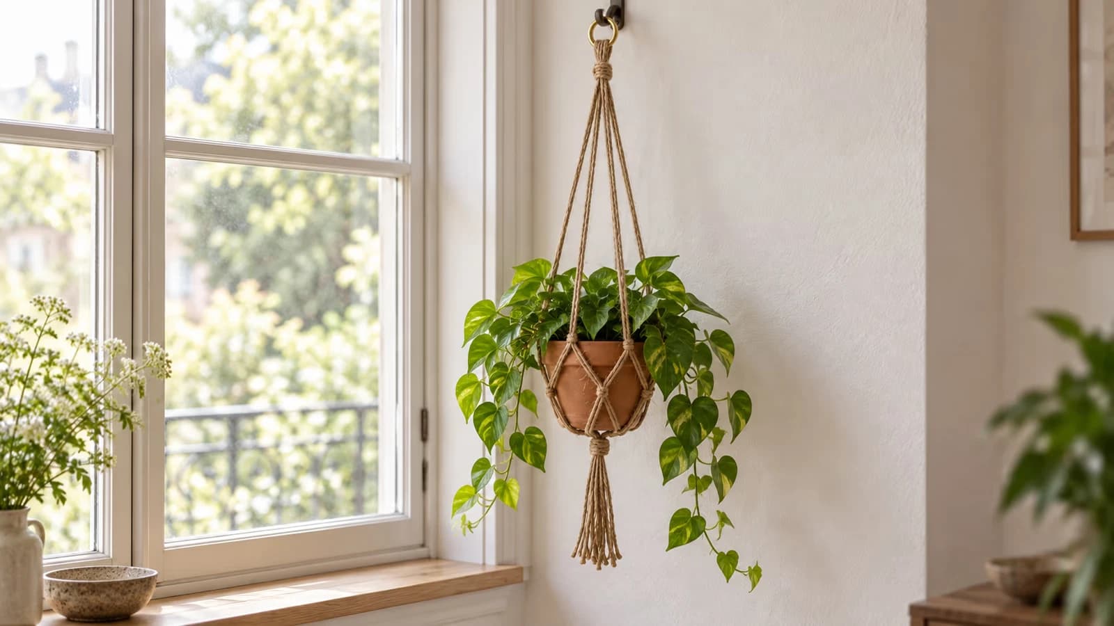 Suspension en macramé de jute devant une fenêtre claire, pot de pothos glissé dans le filet, lumière douce du matin
