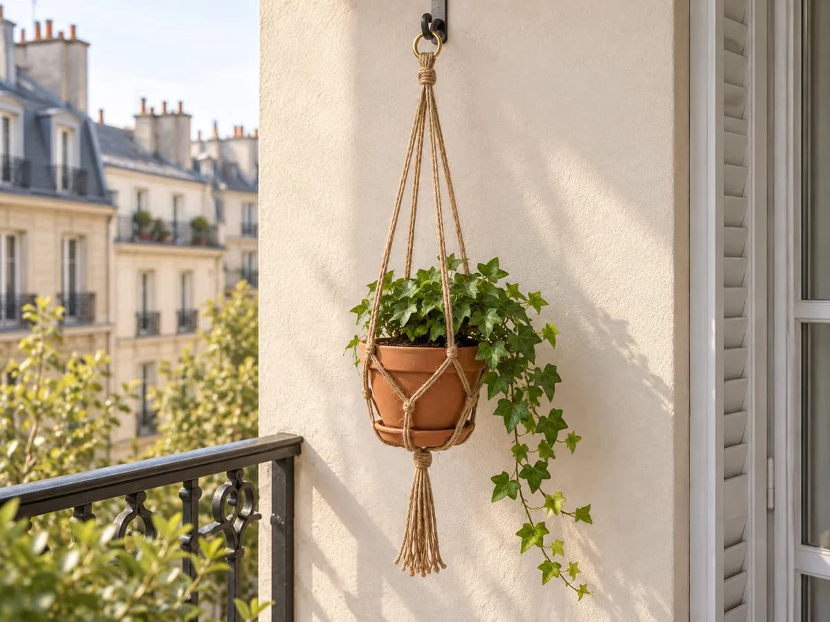 Suspension en corde de jute tenant un pot de terre cuite, anneau en acier inoxydable visible en haut, mur de balcon clair