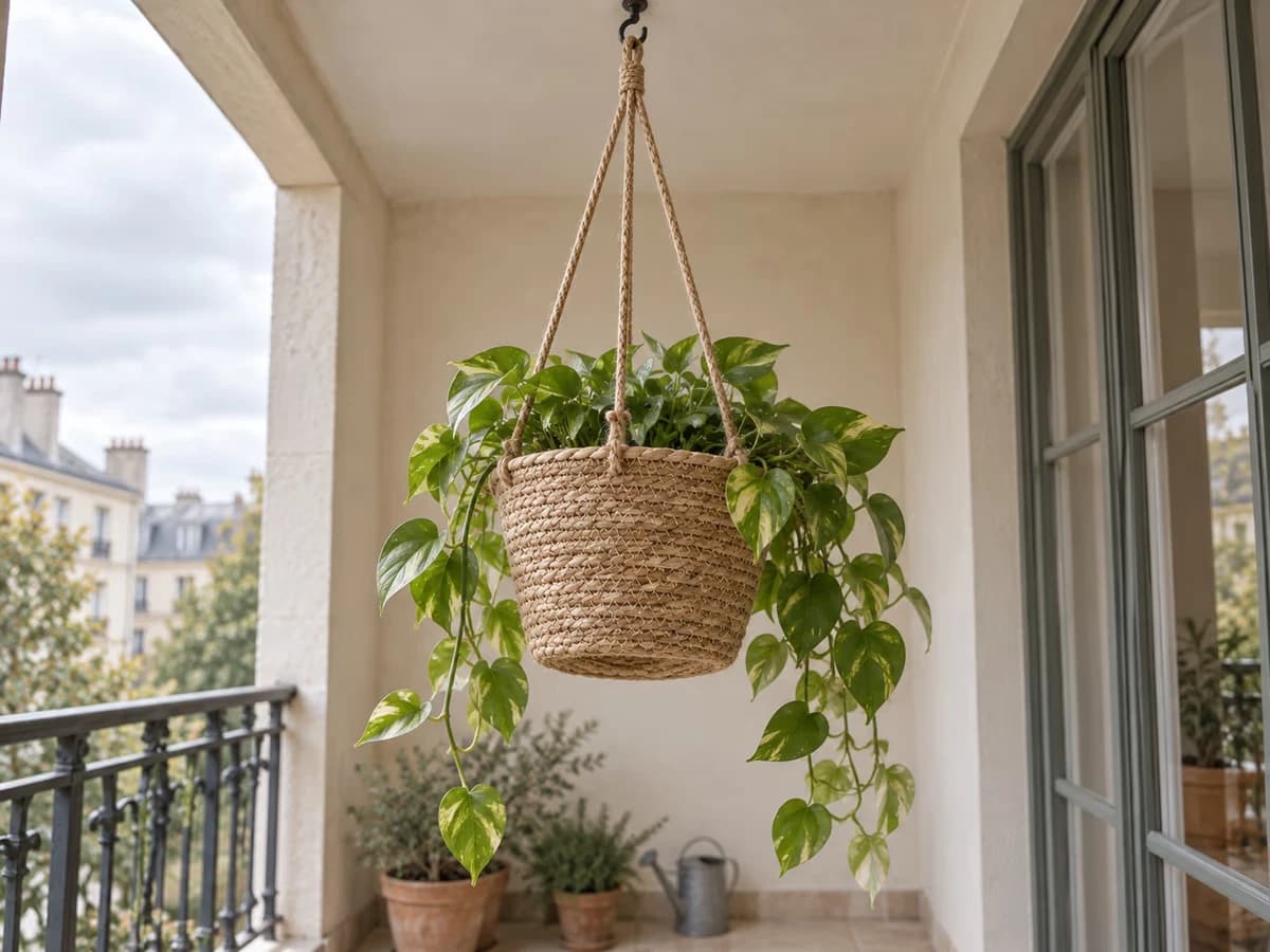 Panier tressé beige miel garni d'un pot de culture, suspendu à un crochet de plafond de loggia, plante retombante