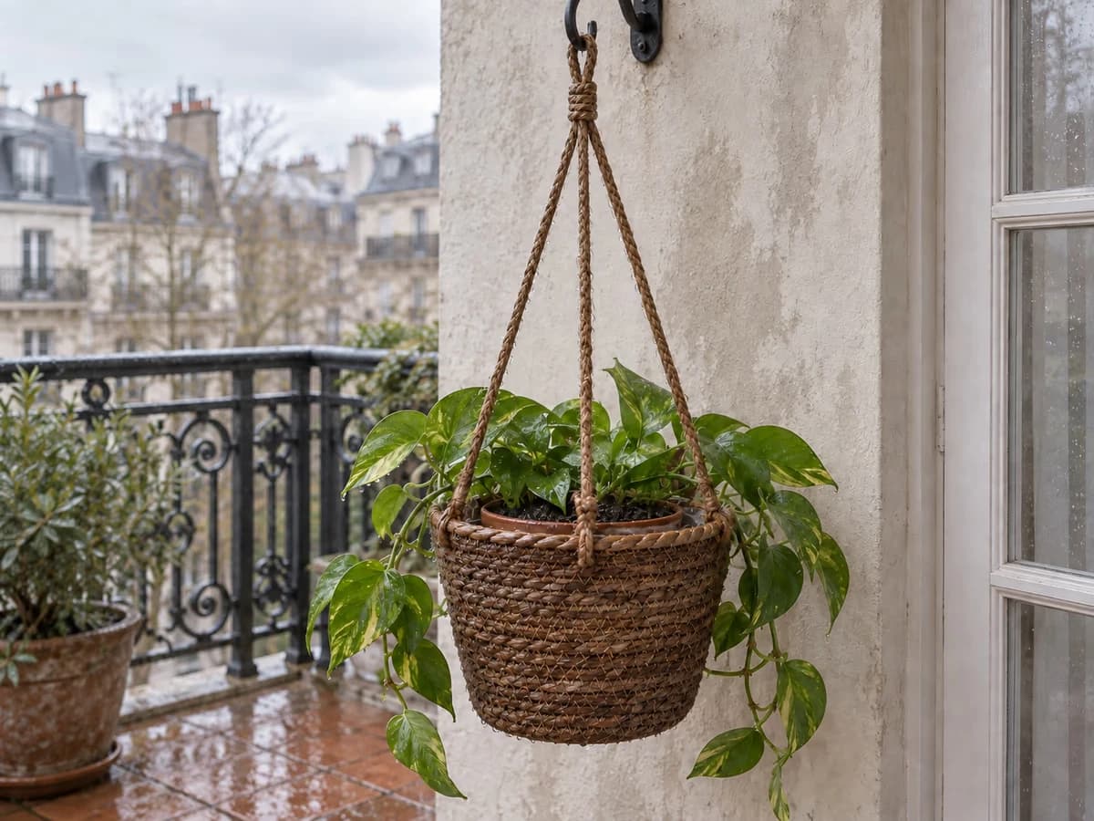 Panier tressé suspendu dehors contre un mur de balcon après la pluie, tressage foncé par l'humidité, gouttes sur les torsades