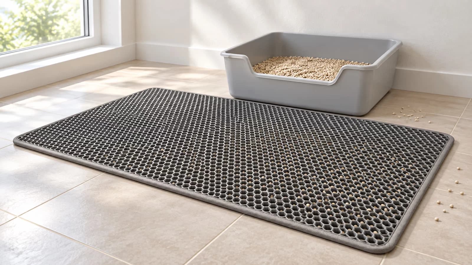 Tapis de litière double couche gris posé sur un carrelage clair devant un bac de propreté, granulés visibles dans les alvéoles