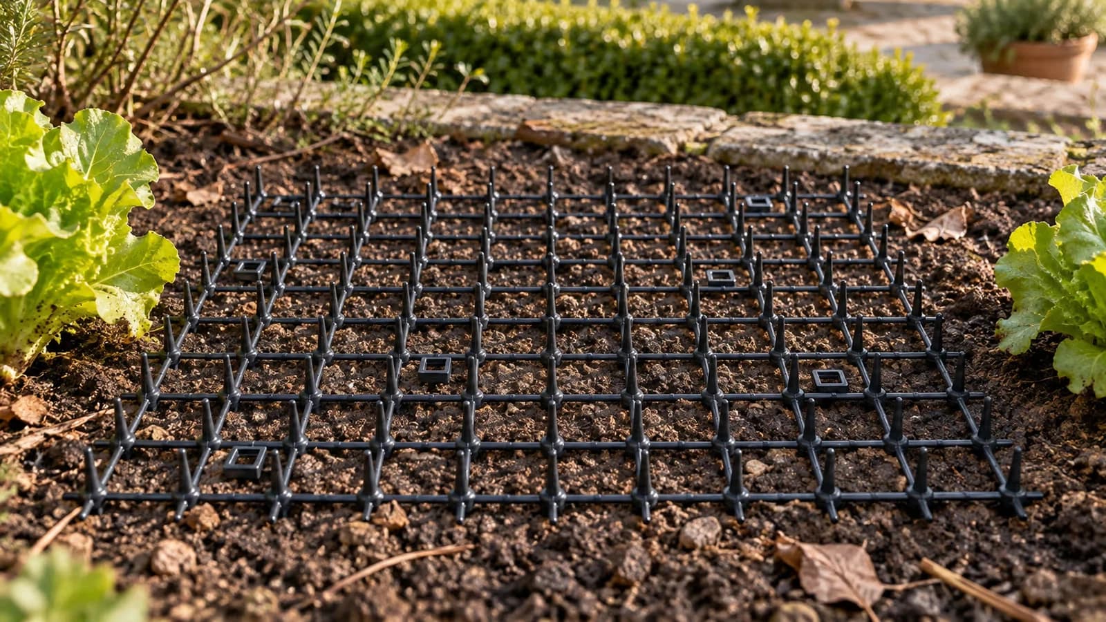Bande noire à picots souples déroulée sur la terre nue d'une jardinière, entre deux jeunes plants, en lumière rasante de printemps