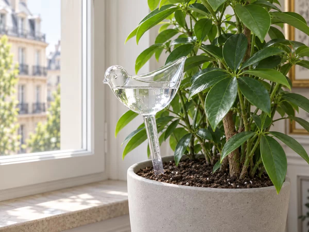 Globe d'arrosage en plastique translucide planté dans un pot de plante verte sur un rebord de fenêtre