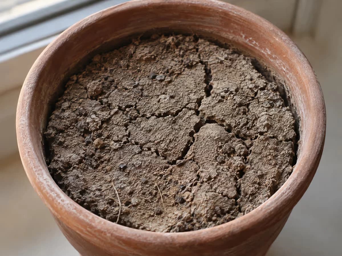 Gros plan d'un terreau très sec et fissuré au sommet d'un pot d'intérieur en terre cuite