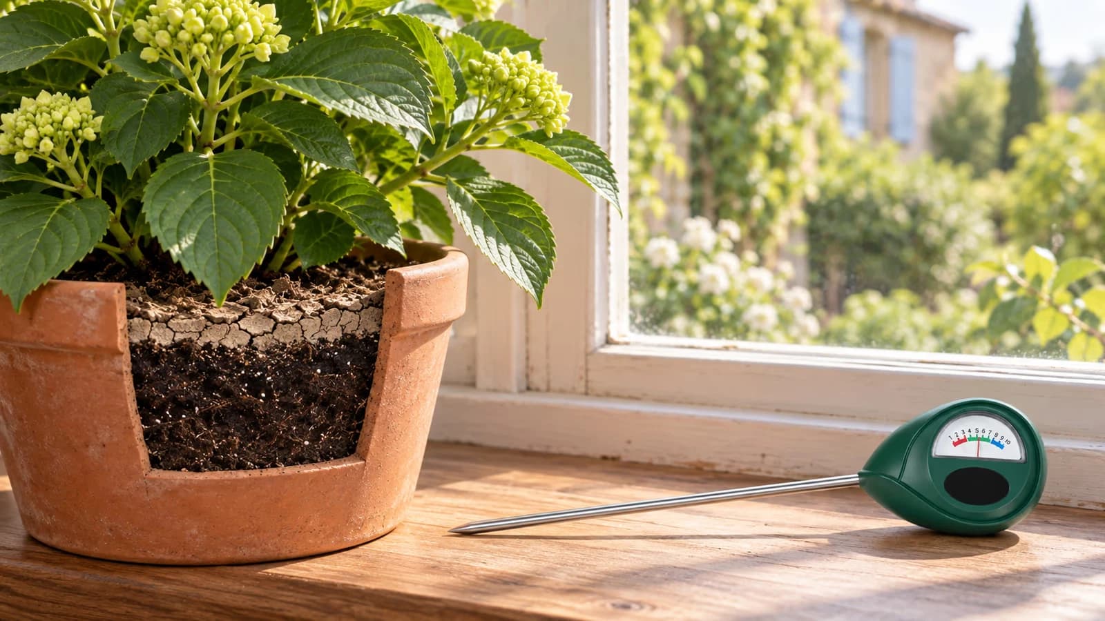 Pot de plante verte sur un rebord de fenêtre ensoleillé, surface du terreau claire et fendillée, humidimètre posé à côté