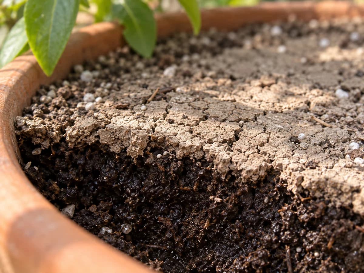 Gros plan sur le terreau d'un pot de plante verte, la surface claire et fissurée tranche avec la terre sombre et humide visible plus bas