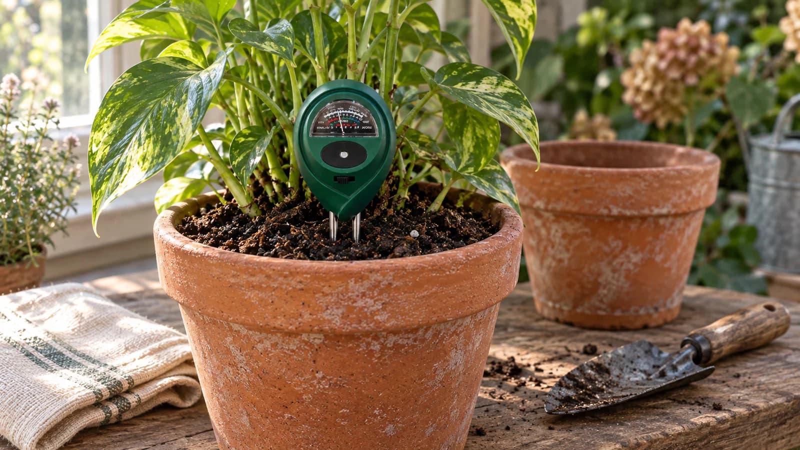 Testeur de sol à cadran planté droit dans un grand pot en terre cuite, près d'une motte humide et d'un chiffon sec