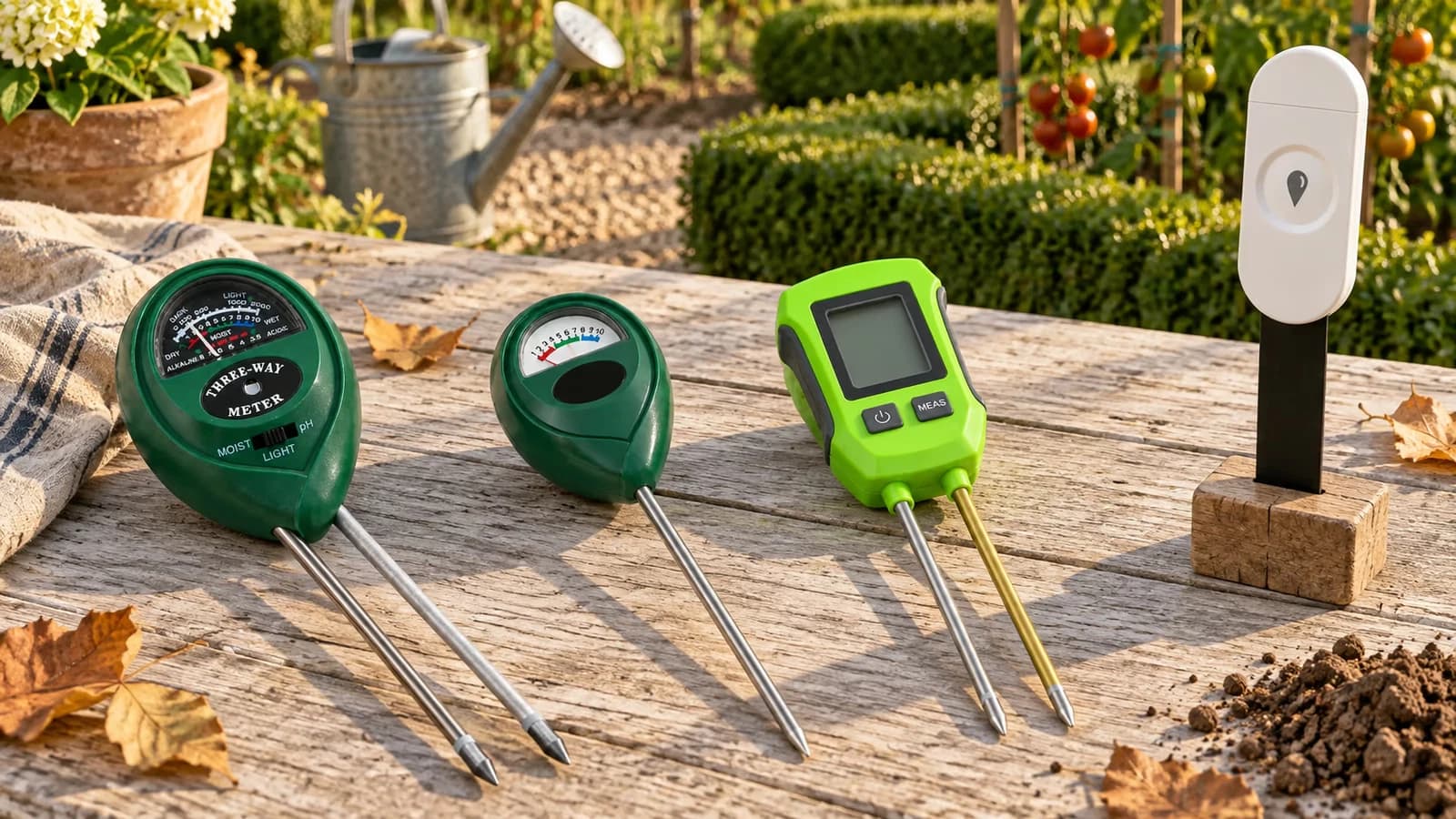 Quatre appareils de mesure du sol alignés sur une table de jardin en bois, cadran à aiguille, tige unique, écran numérique et boîtier connecté