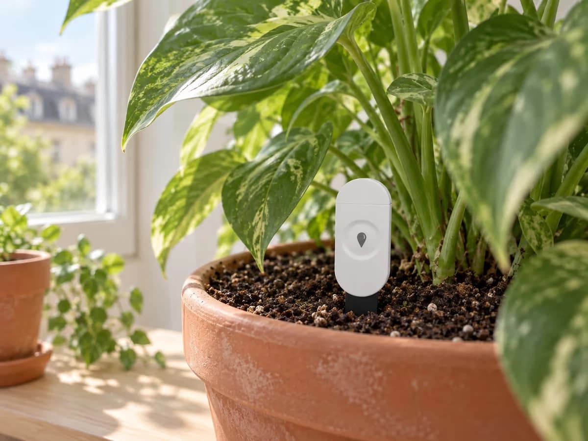 Boîtier blanc d'un capteur d'humidité planté dans le bac d'une plante verte sur une étagère, près d'une fenêtre, lumière douce du matin