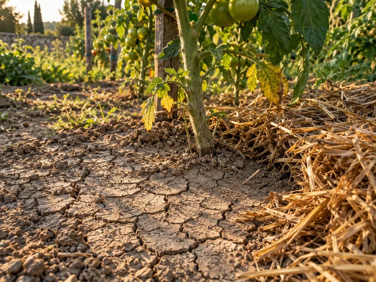 Pot de terreau sec et craquelé en surface au pied d'un plant de tomate, paillage retiré sur quelques centimètres, lumière rasante de fin d'après-midi