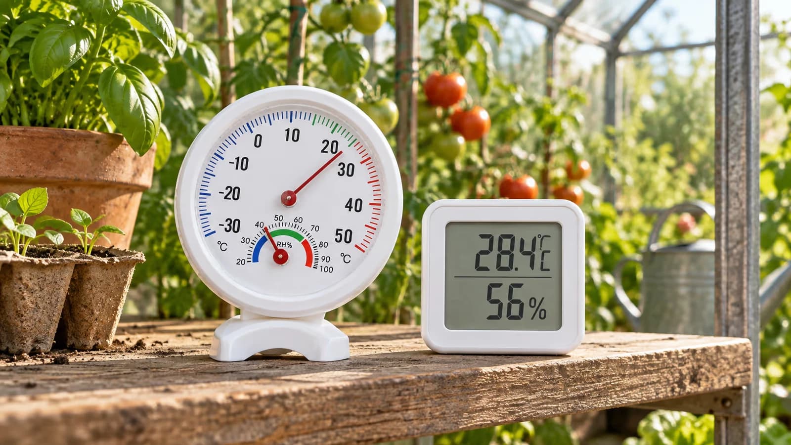 Cadran à aiguille blanc et petit boîtier carré à écran posés côte à côte sur une tablette de bois, plants de tomates flous derrière