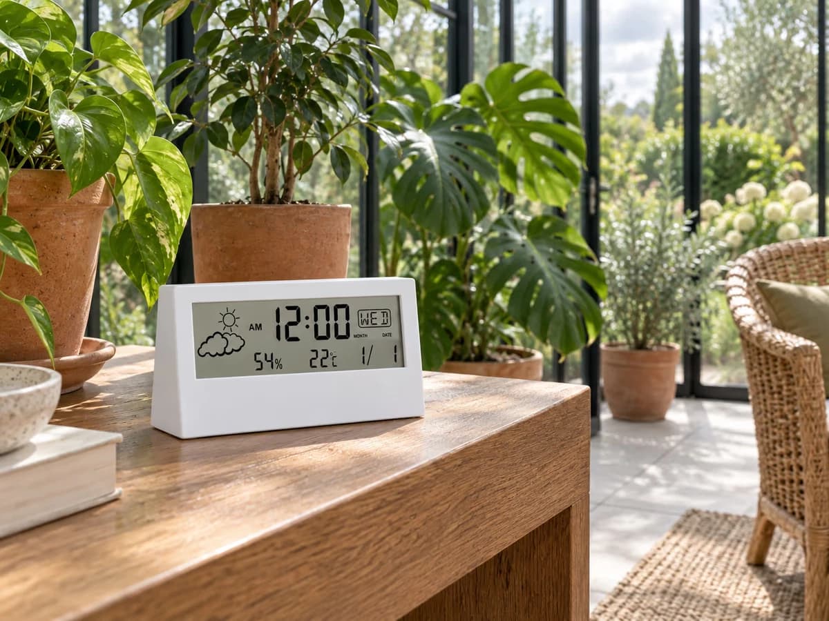 Bandeau à écran translucide orienté vers une fenêtre lumineuse, posé sur un meuble dans une véranda avec des plantes vertes