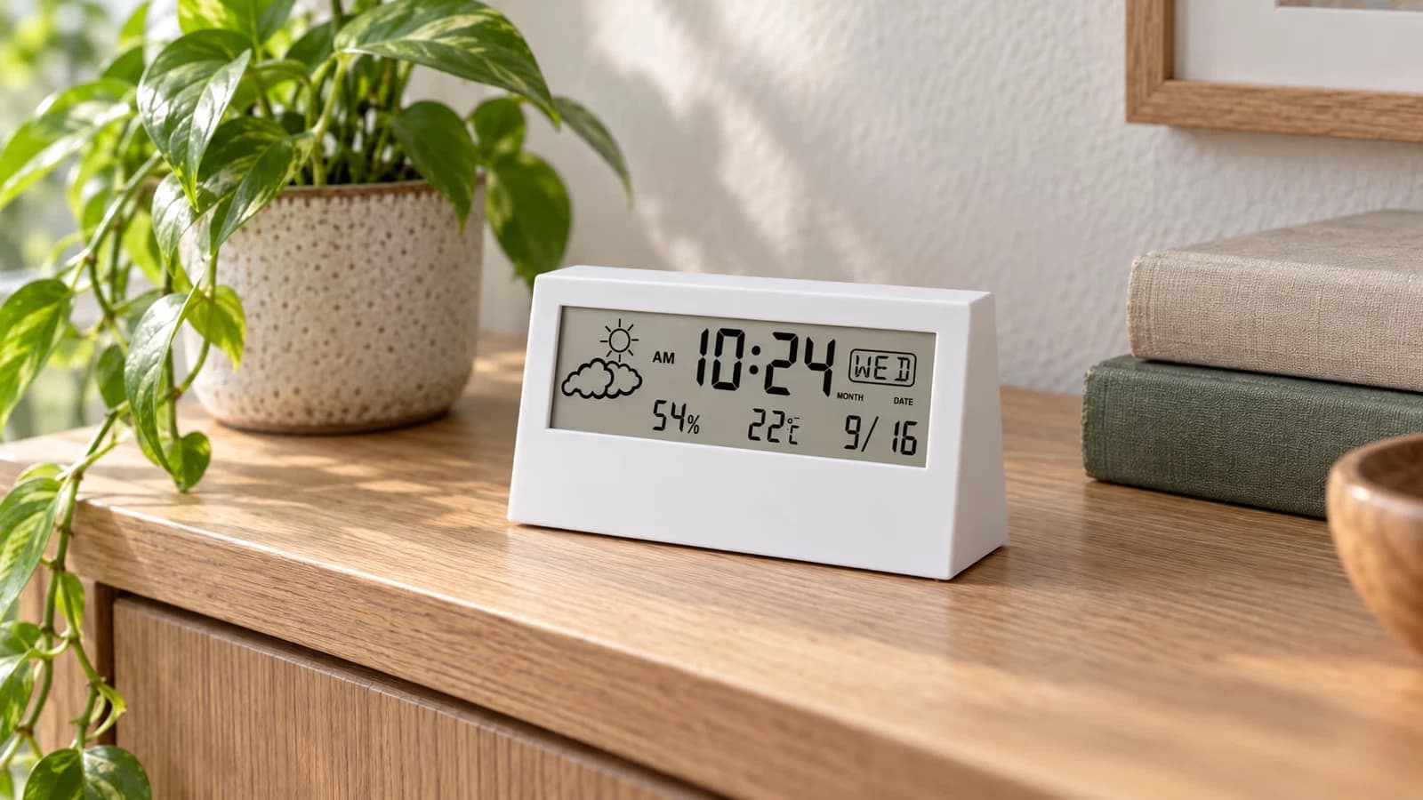 Bandeau transparent posé sur une console en bois clair, affichant l'heure en grands chiffres avec la température et le taux d'humidité