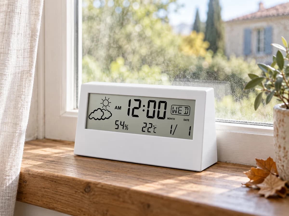 Bandeau transparent posé sur un rebord lumineux, orienté vers une fenêtre dont le jour traverse l'écran et rend les chiffres lisibles