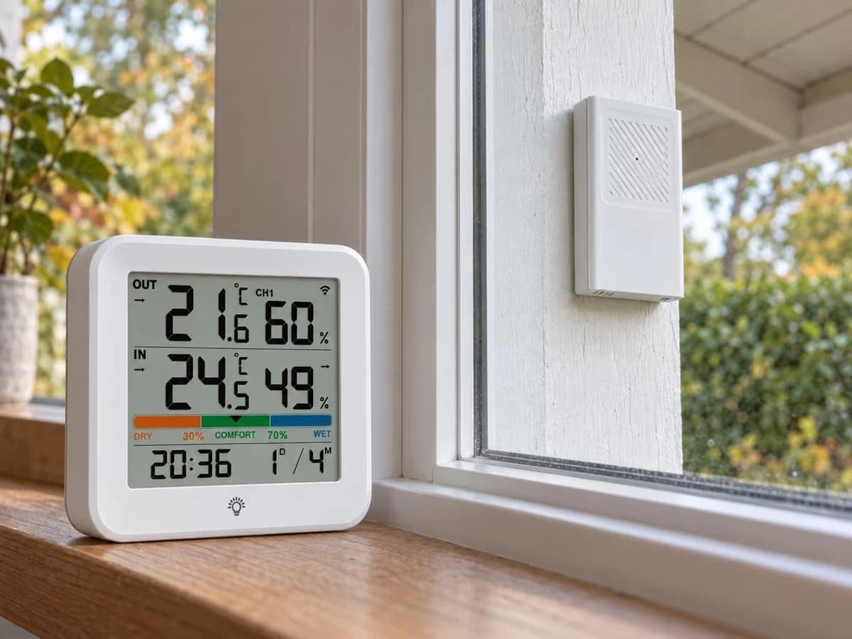Écran d'intérieur posé sur un rebord de fenêtre, avec une petite sonde blanche accrochée sous le débord de toit visible au-delà de la vitre