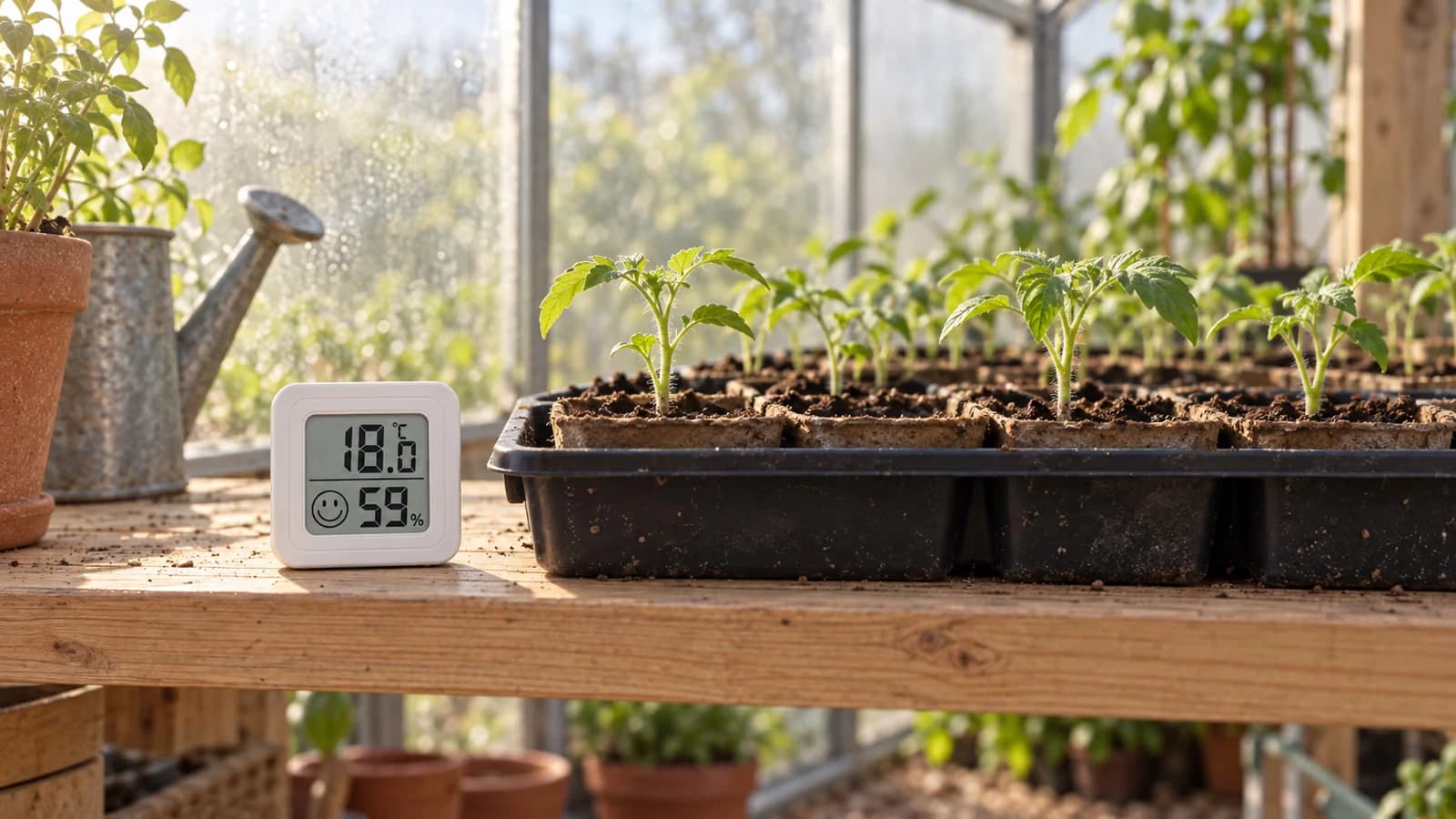 Mini boîtier blanc à écran posé sur une étagère en bois clair de serre, à hauteur d'un plateau de semis rempli de godets