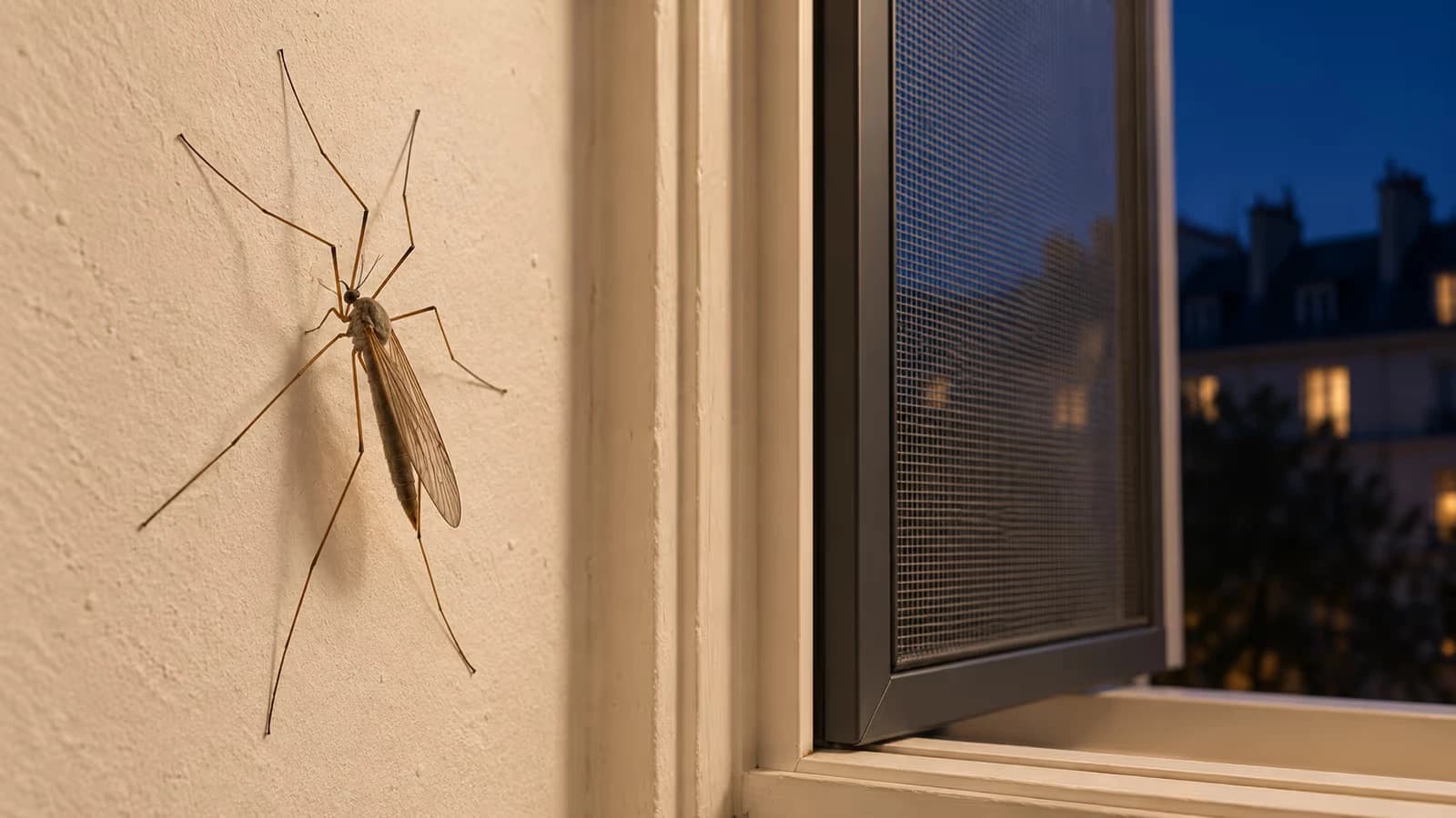 Tipule posée sur un mur blanc près d'une fenêtre ouverte le soir, longues pattes étalées, plafonnier allumé dans la pièce