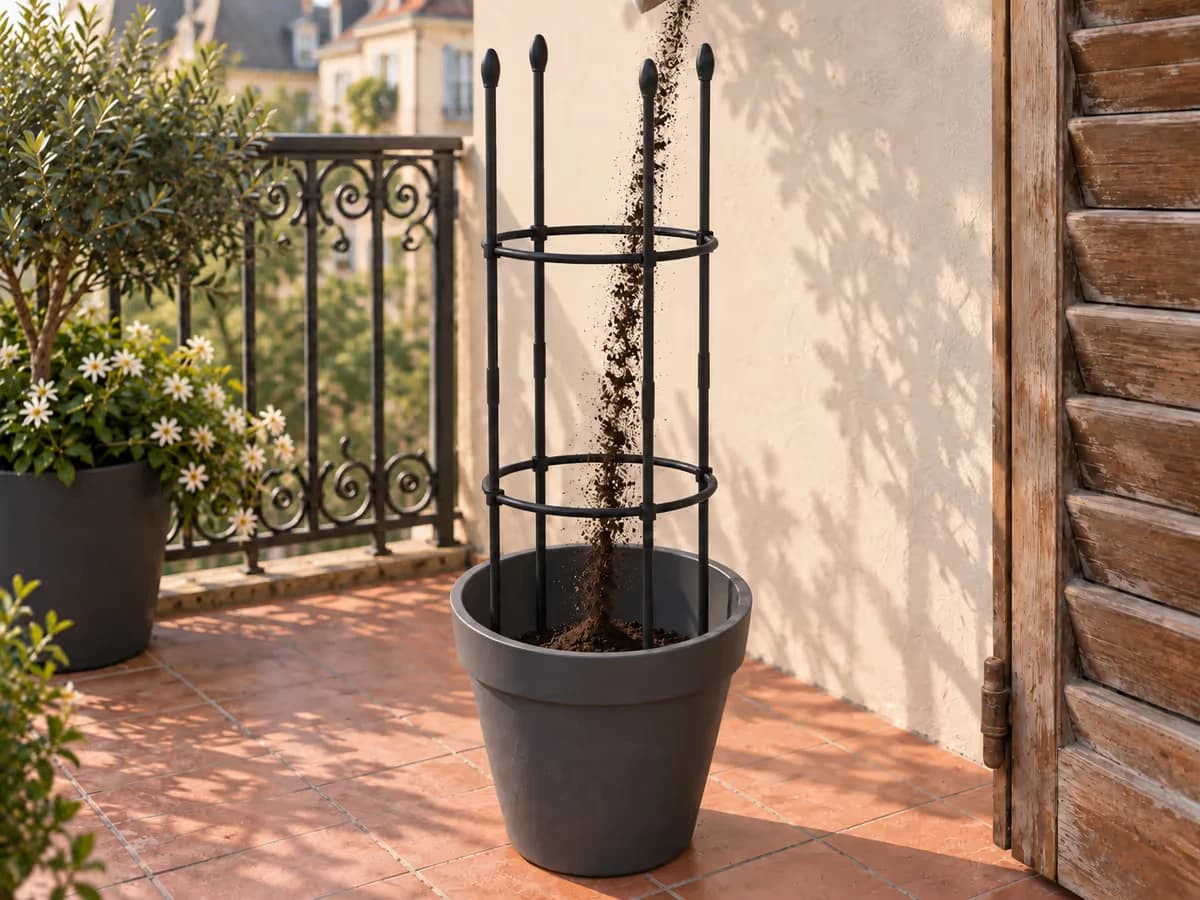 Tour treillis à quatre montants posée dans un pot vide avant remplissage, terreau versé autour des pieds, balcon en arrière-plan