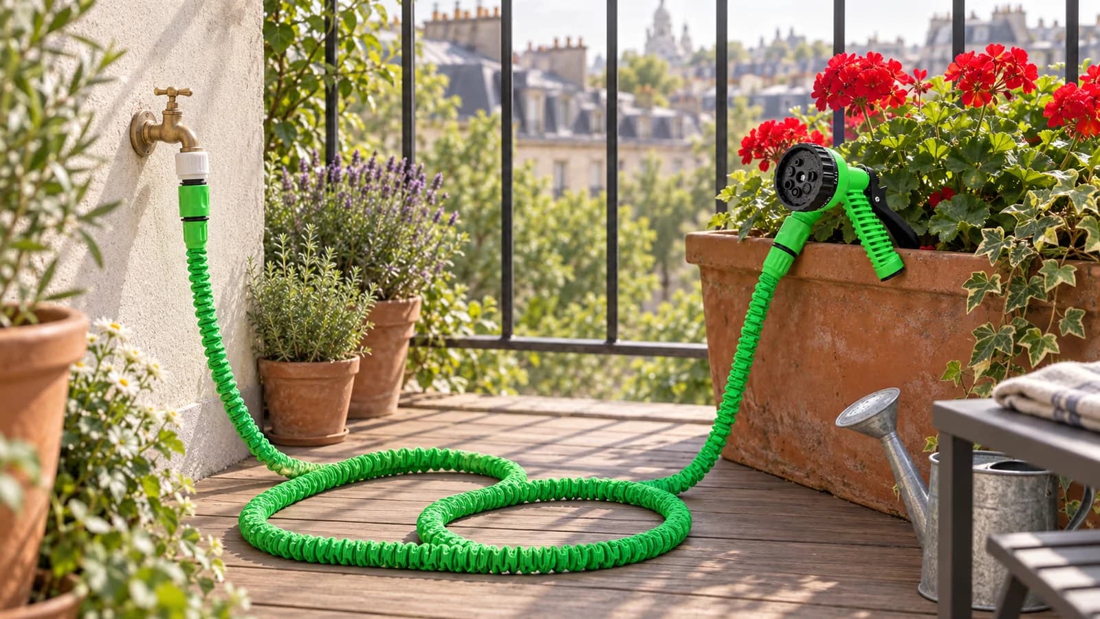 Tuyau extensible vert raccordé à un robinet de balcon, gaine déployée en boucle le long d'une jardinière de géraniums