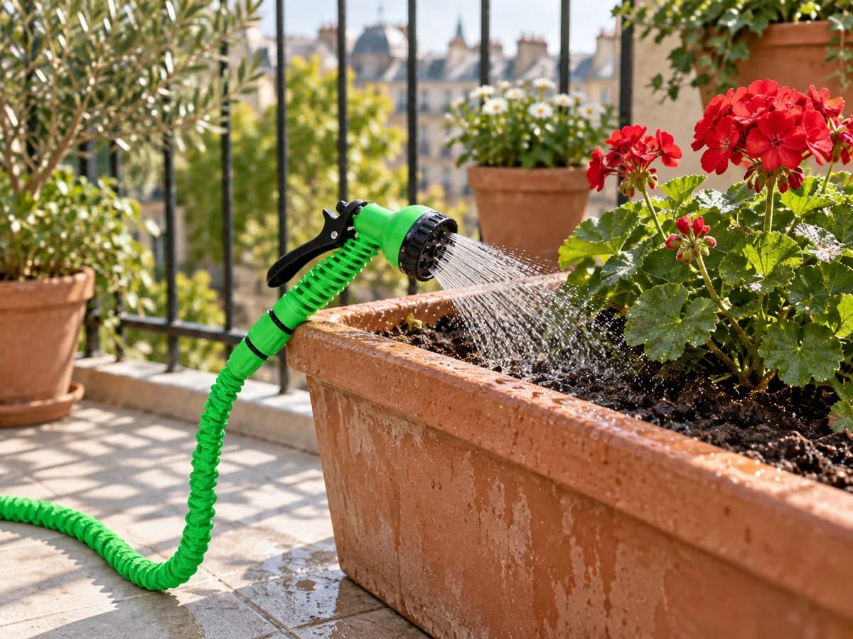 Jardinière de balcon arrosée au pistolet réglé en pluie fine, terreau humide visible autour du pied de géranium