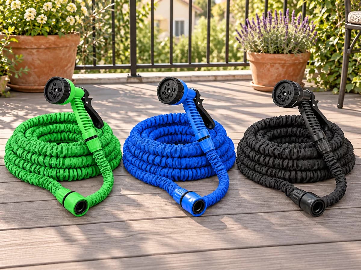 Trois tuyaux extensibles vert, bleu et noir posés côte à côte sur un plancher de terrasse en bois composite