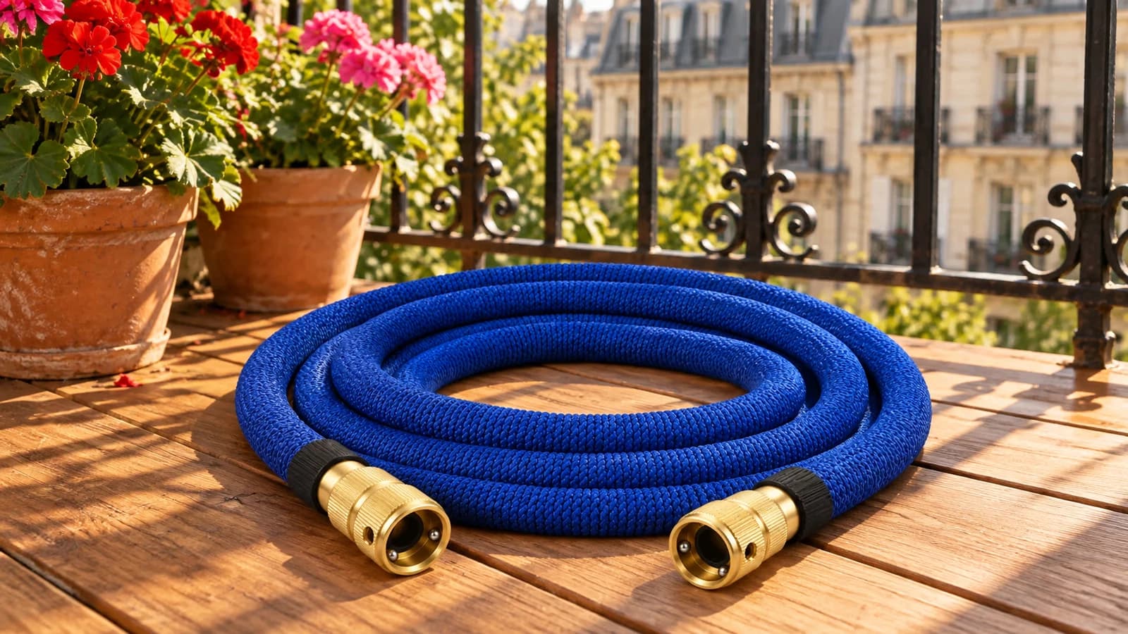 Tuyau extensible compact bleu et ses deux raccords métalliques posés sur un plancher de balcon, jardinières de géraniums